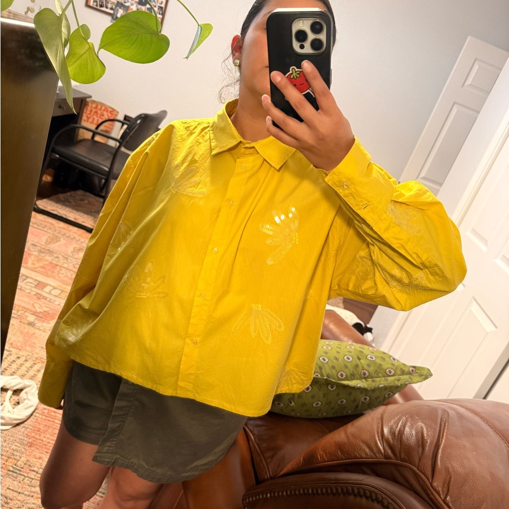 Bright Yellow Embroidered Button-Up Shirt